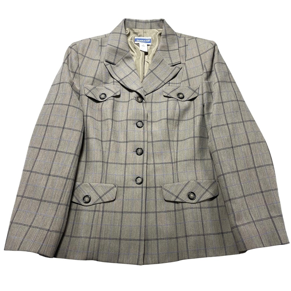 Vintage Pendleton Blazer Womens 10 Beige Plaid Wool Tailored 5 Button USA